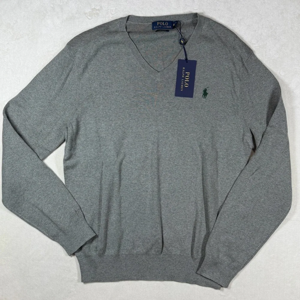 NWT Polo Ralph Lauren Medium Pima Cotton V-Neck Sweater in Gray With Horse Logo